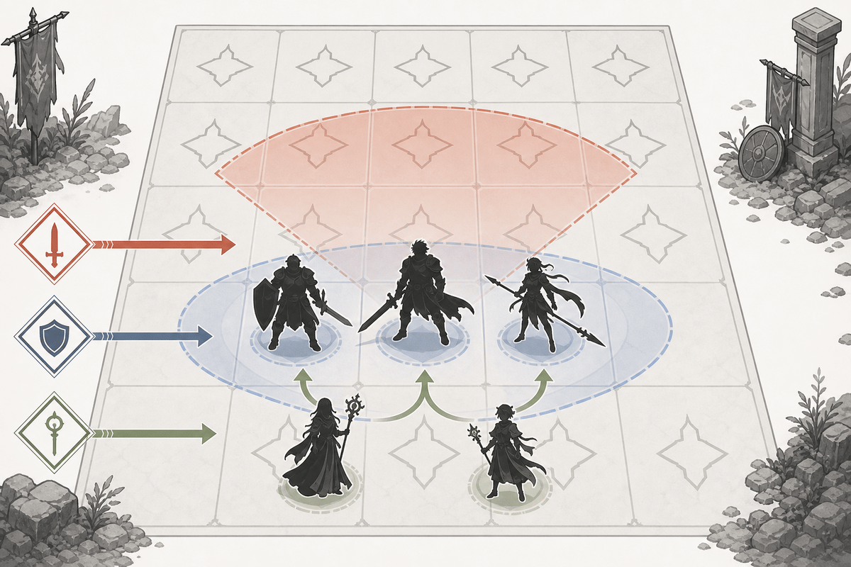 Combat tactics diagram showing party formation and area-of-effect/defense positioning.
