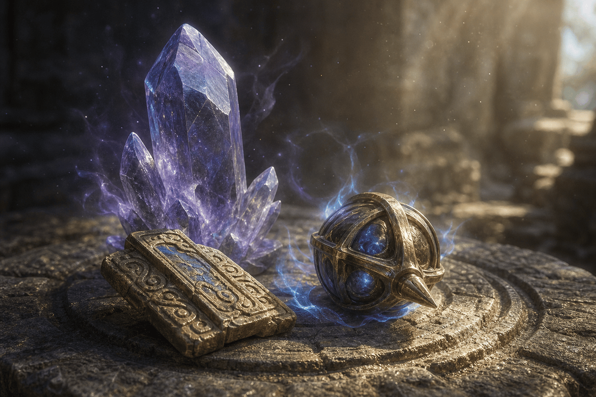 Loot drop display on a stone pedestal with subtle glow particles (no text).