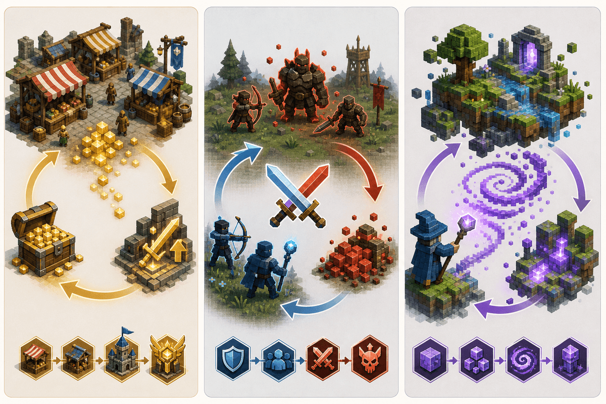 Visual breakdown of three distinct multiplayer gameplay themes (economy, PvP farming, voxel magic) without any readable text.