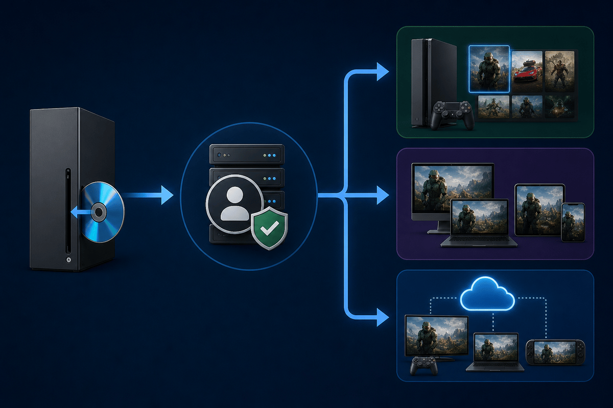 Entitlement flow from disc claim to digital library, Play Anywhere, and cloud access.