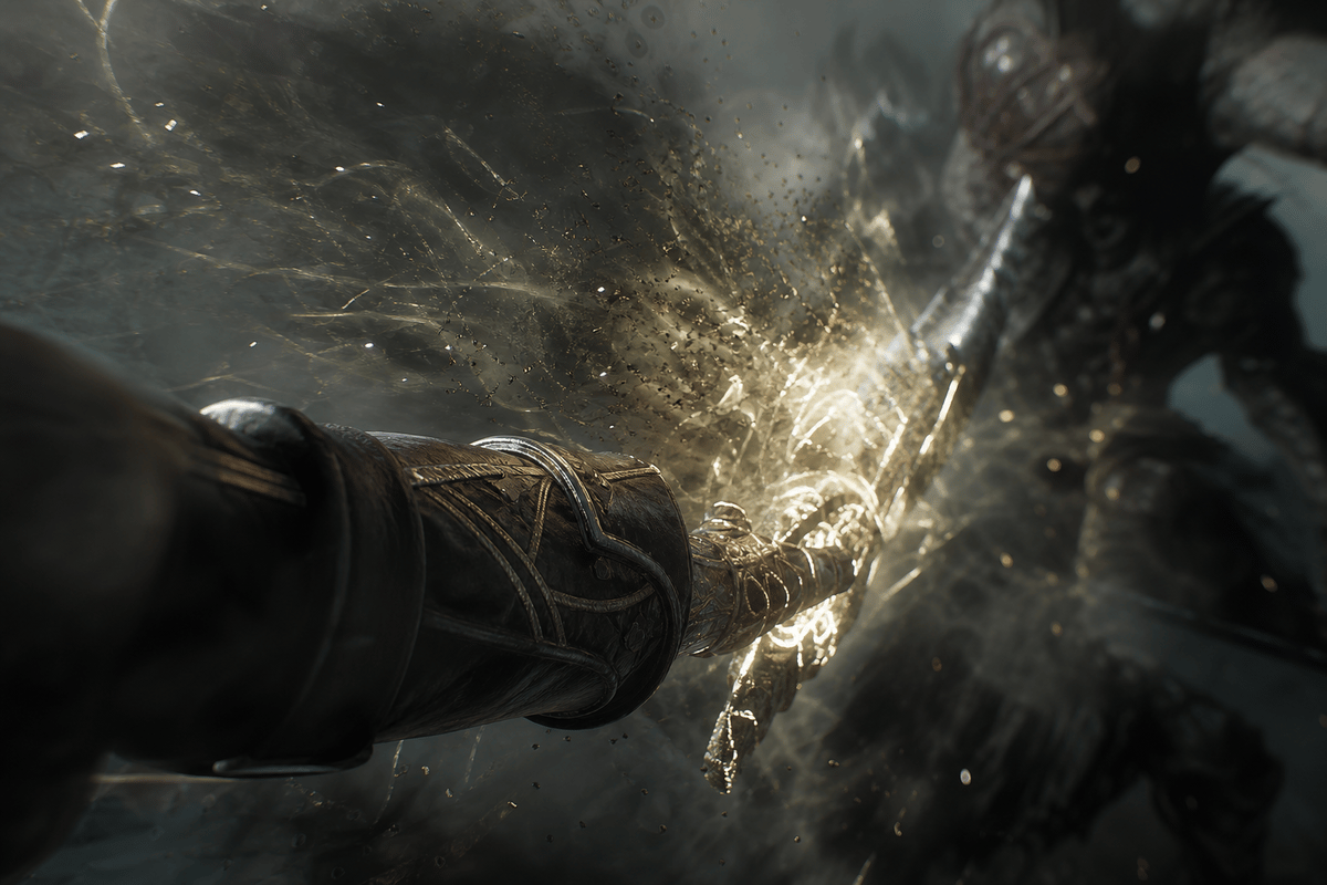Dramatic action moment illustrating Gustave’s combat style.