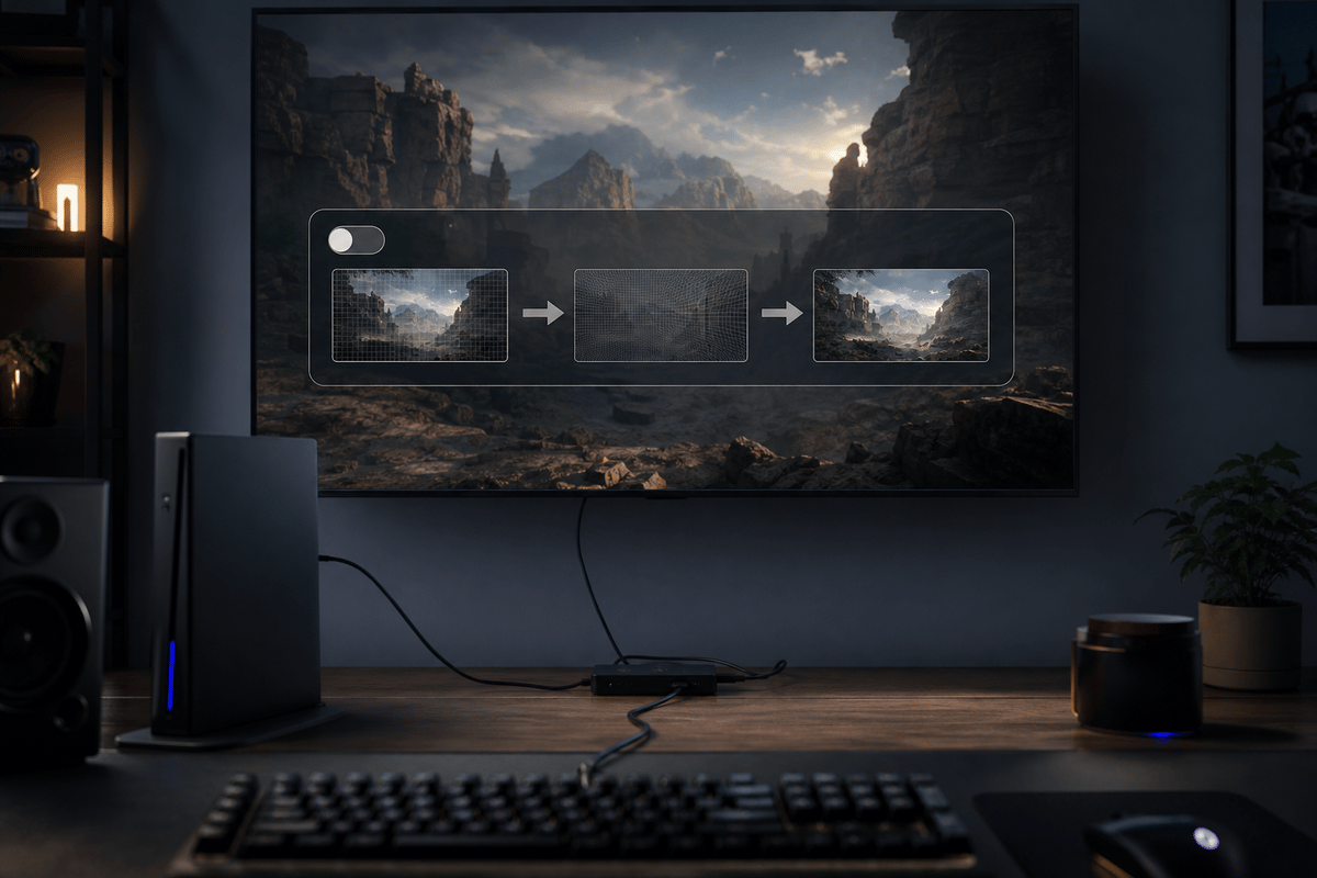 Rendering pipeline concept illustrating PSSR 2.0 effect when enhancement is toggled off.