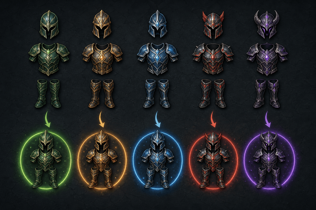 Overview concept: distinct armor sets and emphasis on full-set (3-piece) bonuses.