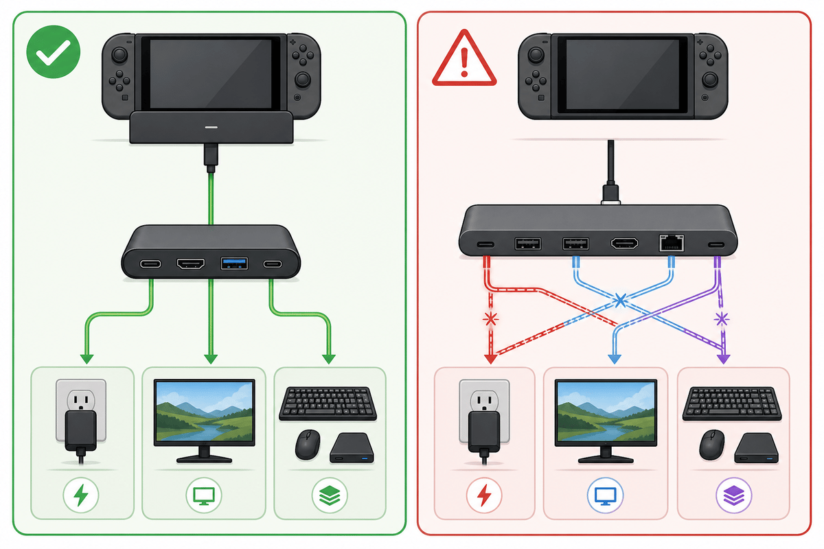 Certified dock vs generic hub risk comparison (symbol-only).