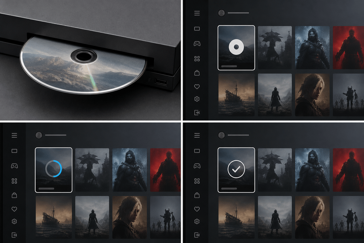 Side-by-side visual of disc recognition leading to a digital owned state, using abstract non-text UI elements.