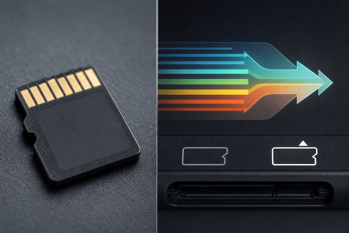 microSD Express emphasis with compatibility-focused visual cues (no text).