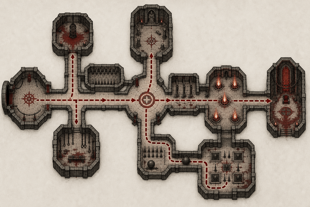 Clear, text-free dungeon flow map showing routes and hazards.