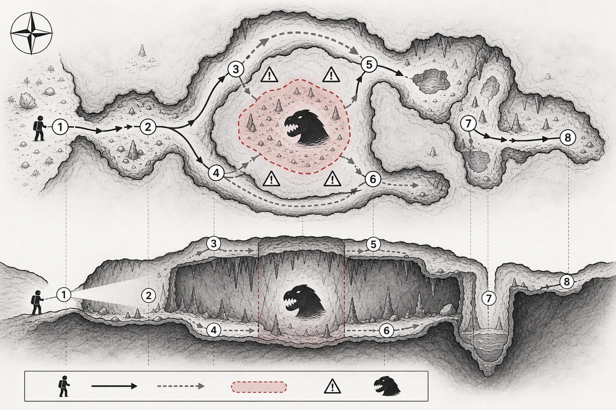 Route-and-risk diagram for navigating an Expedition 33 environment and avoiding “grosse tete.”