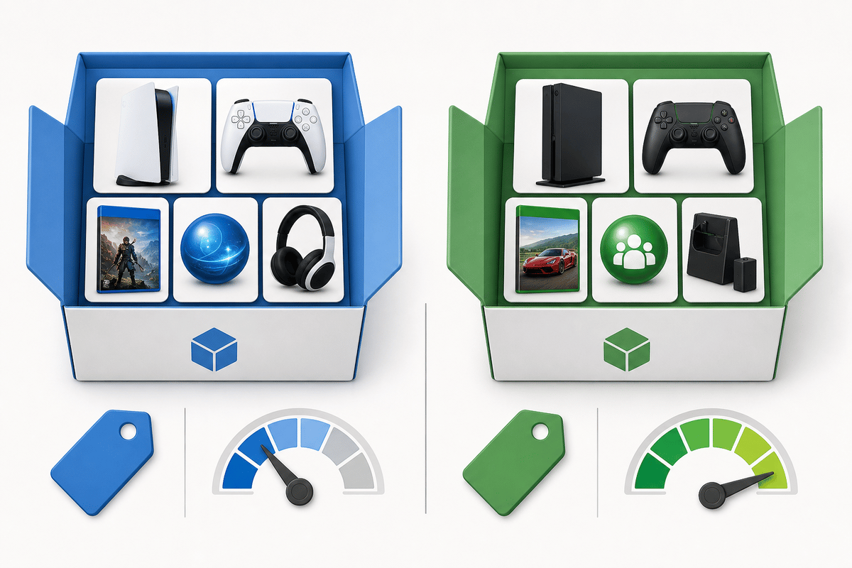 Icon-only value comparison layout for evaluating bundle cost vs included items (no text).