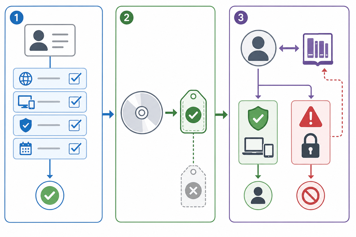 Conceptual flow of eligibility → one-time entitlement per disc → license behavior including revocation.