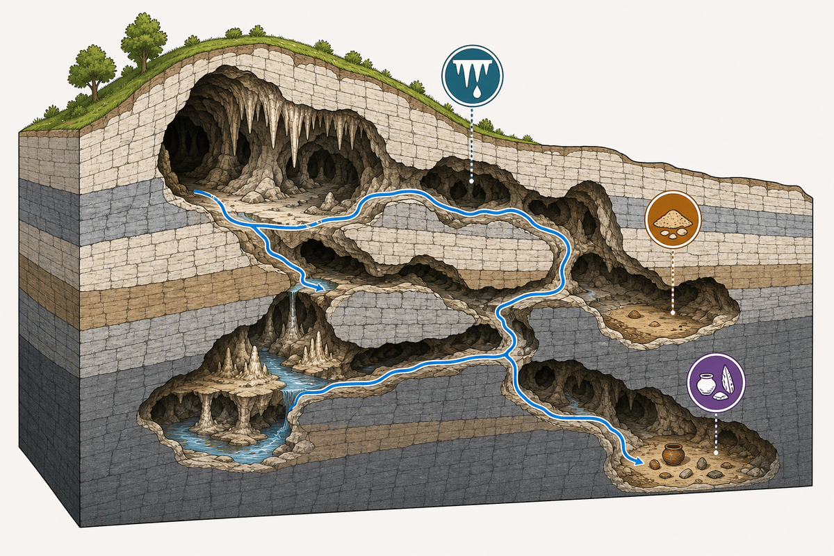 Cave system cross-section showing a plausible route and key interior zones.