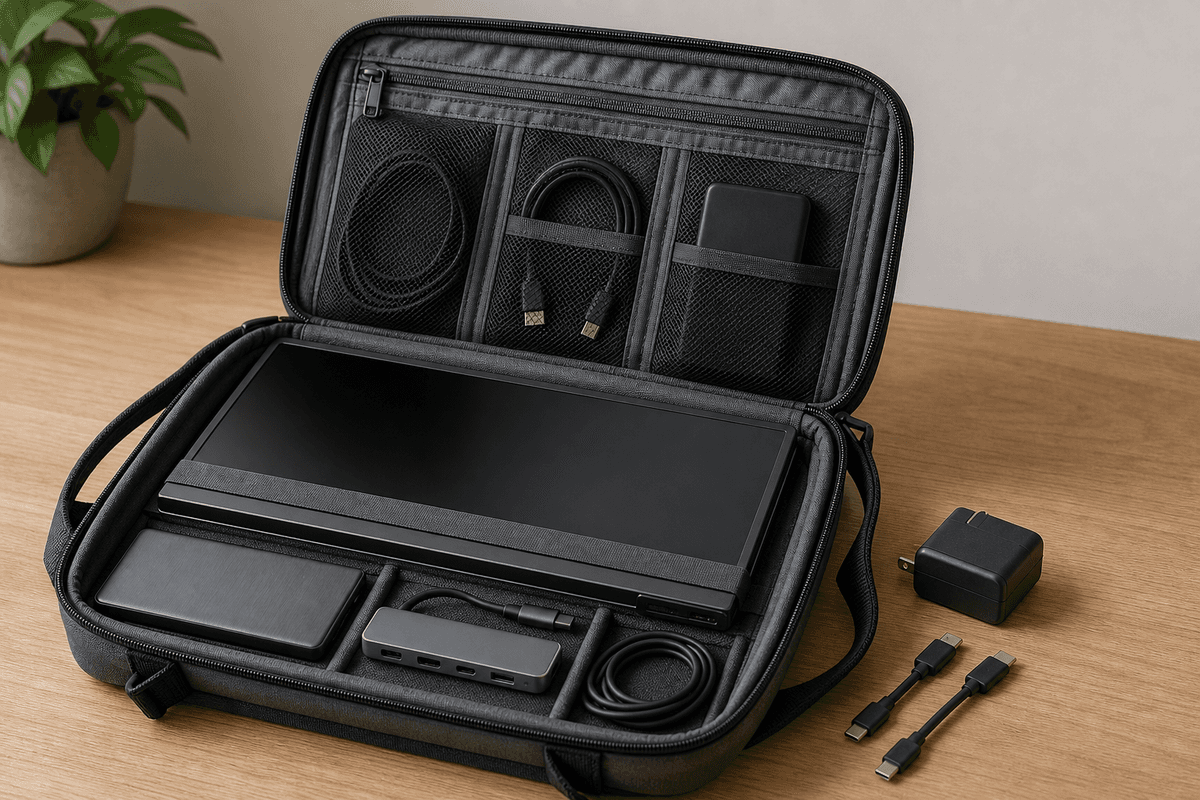What to carry for a portable Switch 2 accessory setup—monitor, SSD, hub, and power adapter.