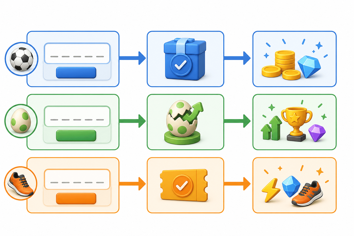 Code redemption workflow diagram customized for three game icons.