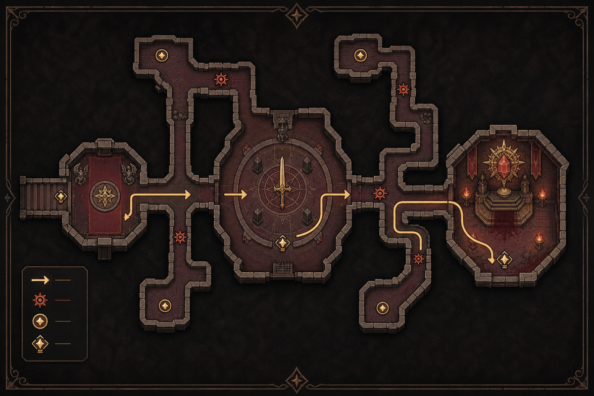 Schematic route through the sanctum with key rooms and checkpoints.