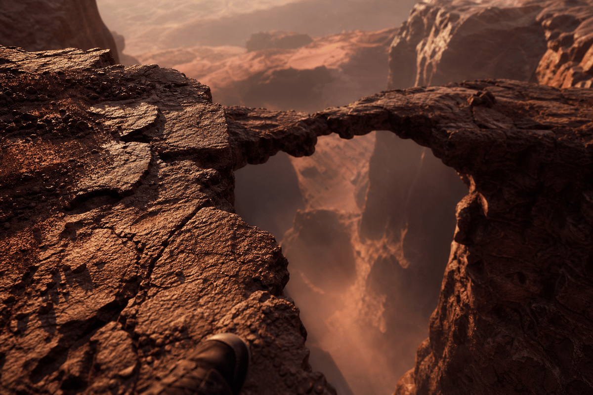 Detail of the crimson rock precipice edge emphasizing tension and stakes.