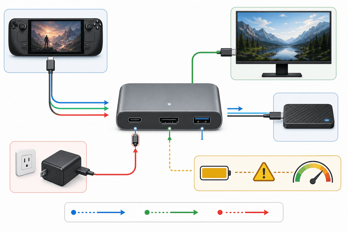 Connectivity and power-flow diagram for USB monitors plus SSD through a hub.