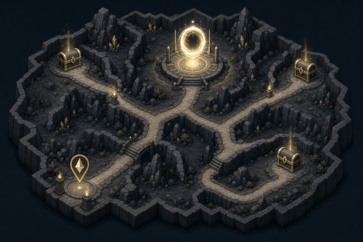 Isometric expedition map schematic with objective and loot zones (icons only).