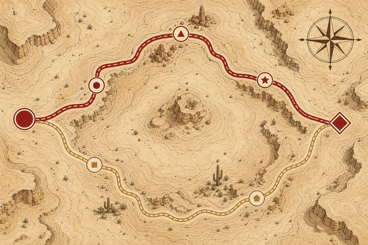 Walkthrough-style route map showing branching-to-rejoining contradictions.