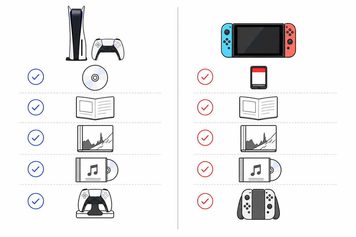 Edition contents icon-based comparison for PS5 vs Switch 2.