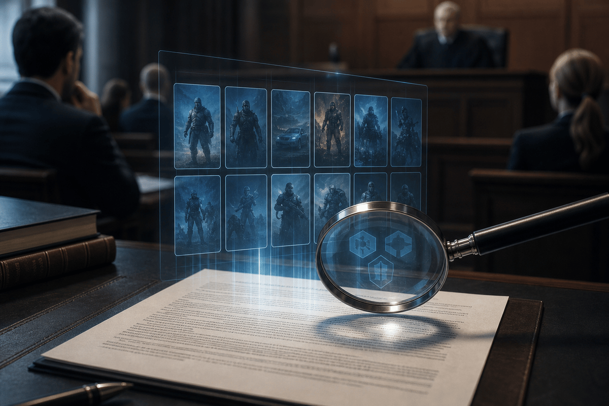 Courtroom-meets-digital-library metaphor highlighting legal contract and disputed ownership.