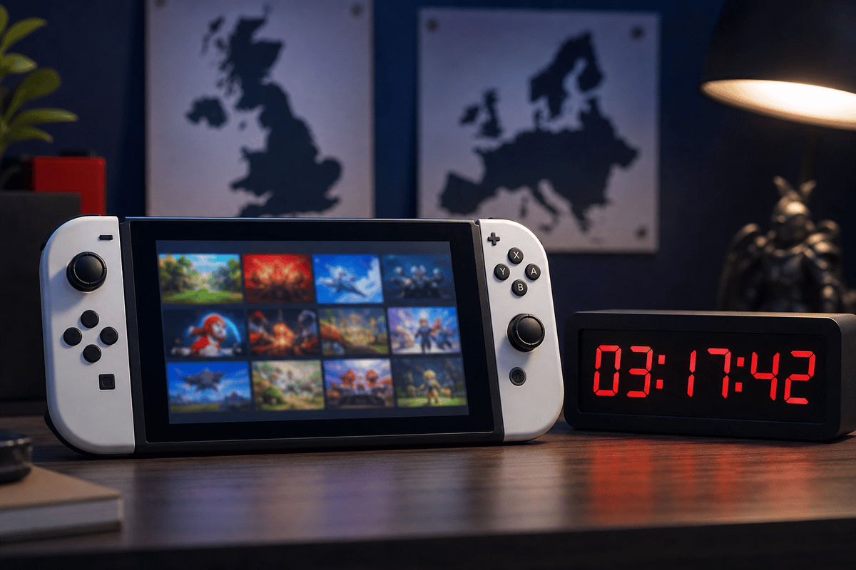 Handheld console with deadline countdown and abstract storefront tiles, evoking a last-chance UK/Europe eShop sale.