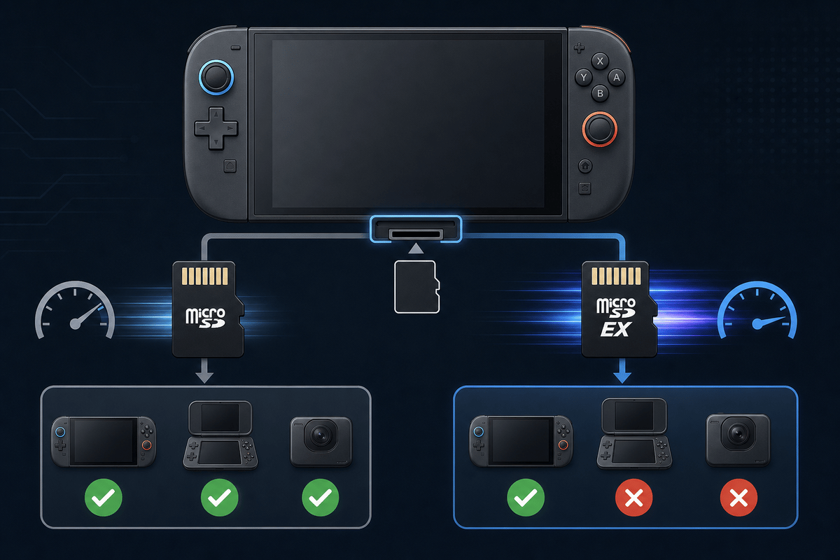 Compatibility flowchart comparing what the Switch 2 might support between microSD Express and microSD.