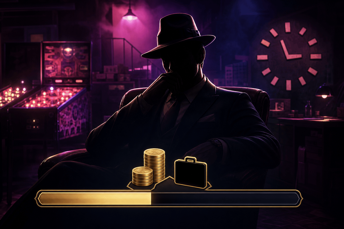 Idle mafia progression represented by coin/briefcase and abstract timer cues.