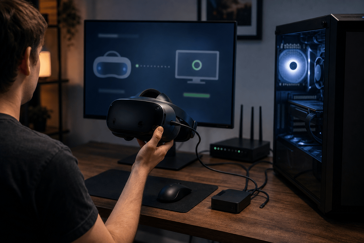 Wireless PCVR streaming setup between gaming PC and headset (text-free UI).