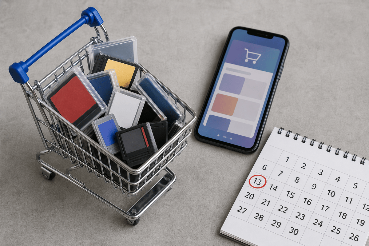 Last-chance purchase setup with circled deadline numerals and abstract e-commerce screens.
