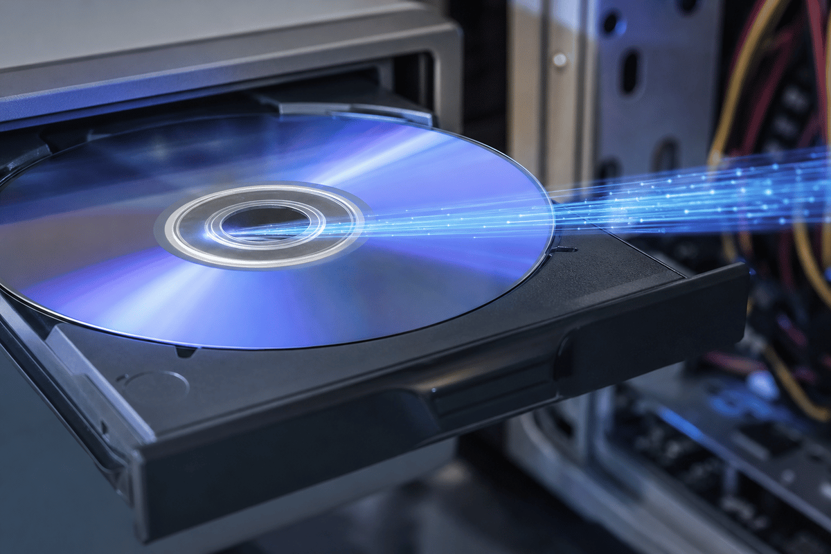 Visual metaphor for real-time disc-to-PC data transfer during playback.