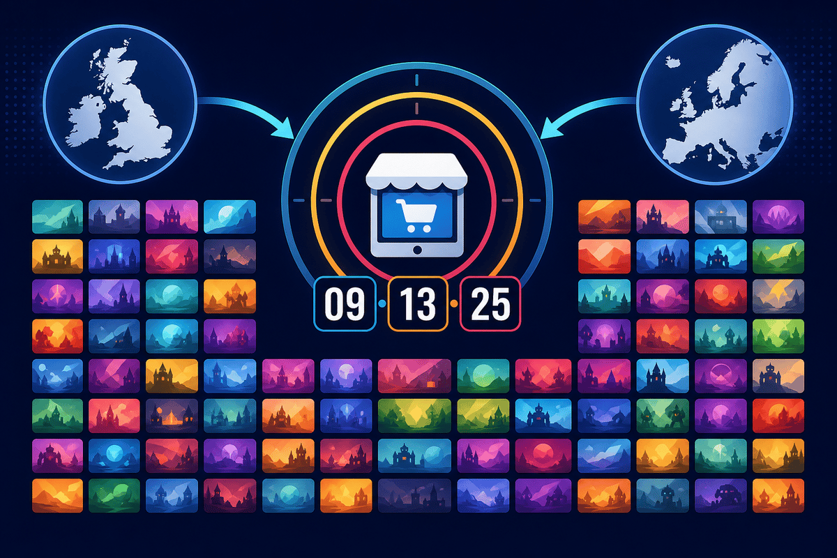 Conceptual diagram linking UK/Europe coverage to a curated set of top-rated Switch games and a countdown.