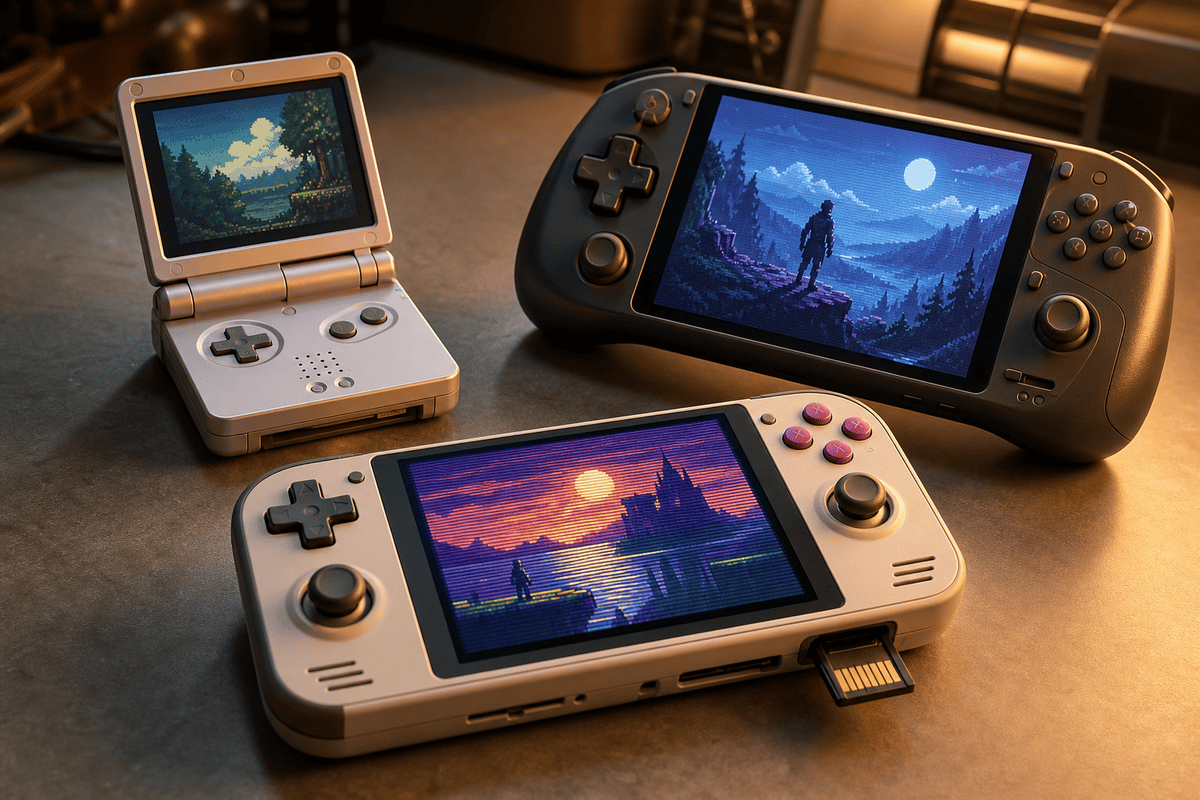 Retro handheld consoles in a 2026 roundup-style hero composition