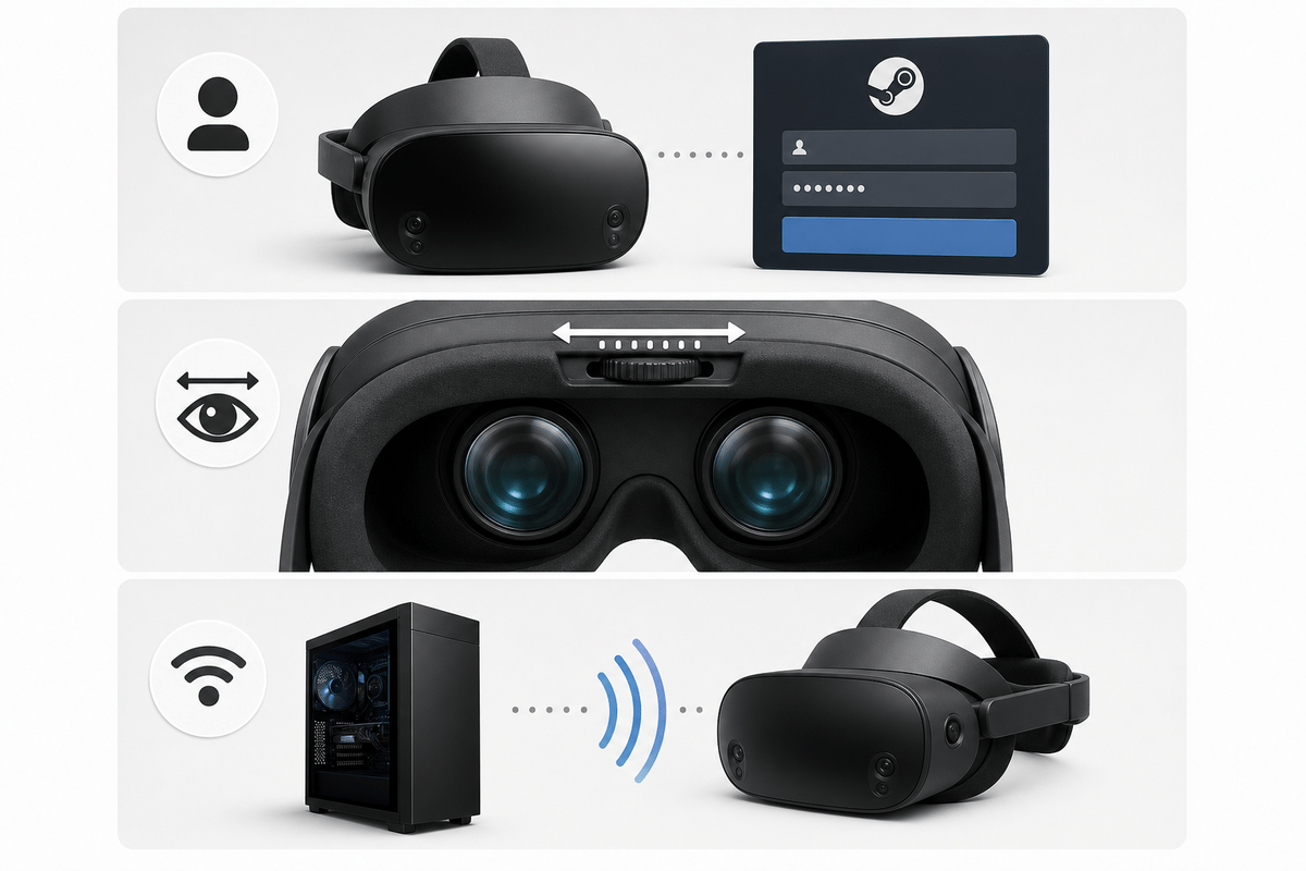 At-a-glance visual workflow for sign-in, IPD fit, and wireless streaming.