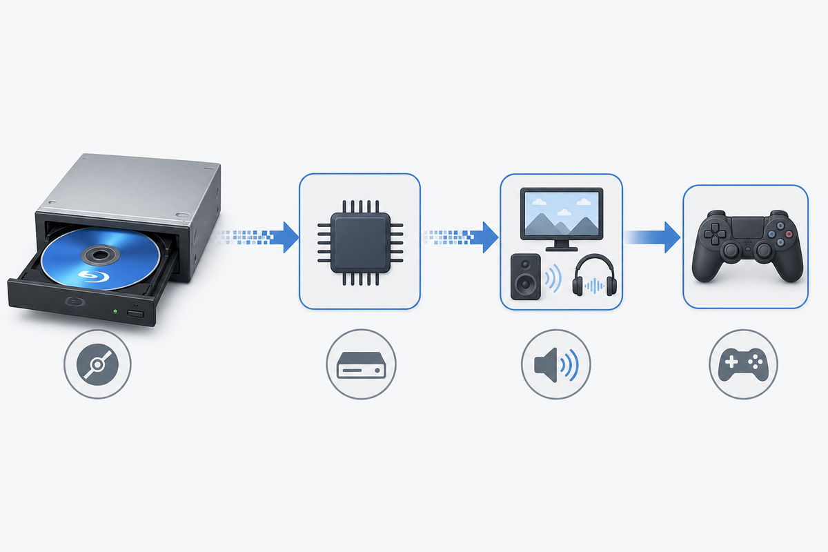 Illustrated data flow: disc read -> emulator -> output.