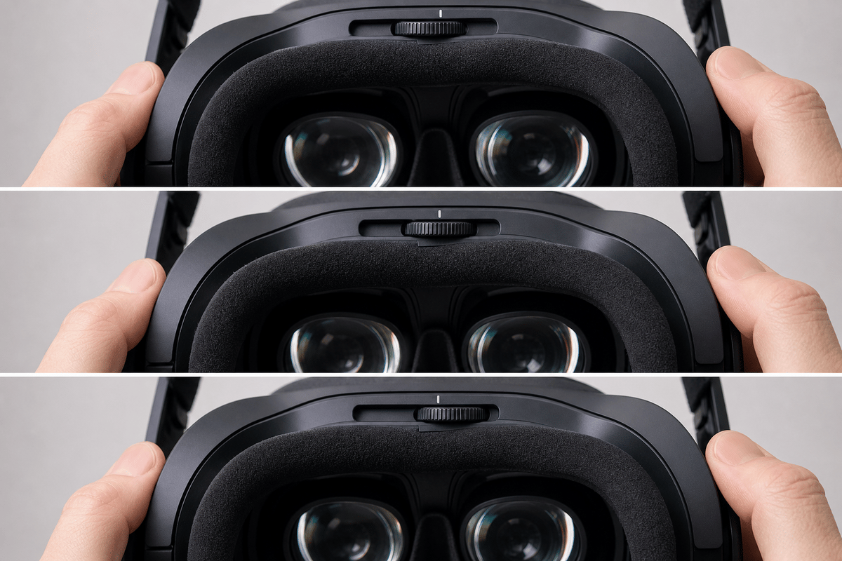 Demonstrate lens IPD fitting on the VR headset (no text/logos).