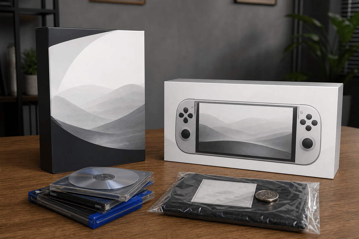 Physical retail packaging concept for a PS5 + Switch 2 release (no logos/text).