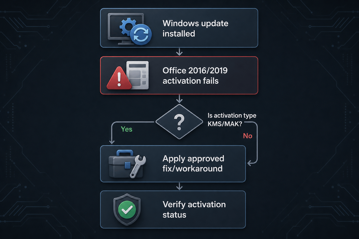 Troubleshooting workflow for affected Office activation after a Windows update.