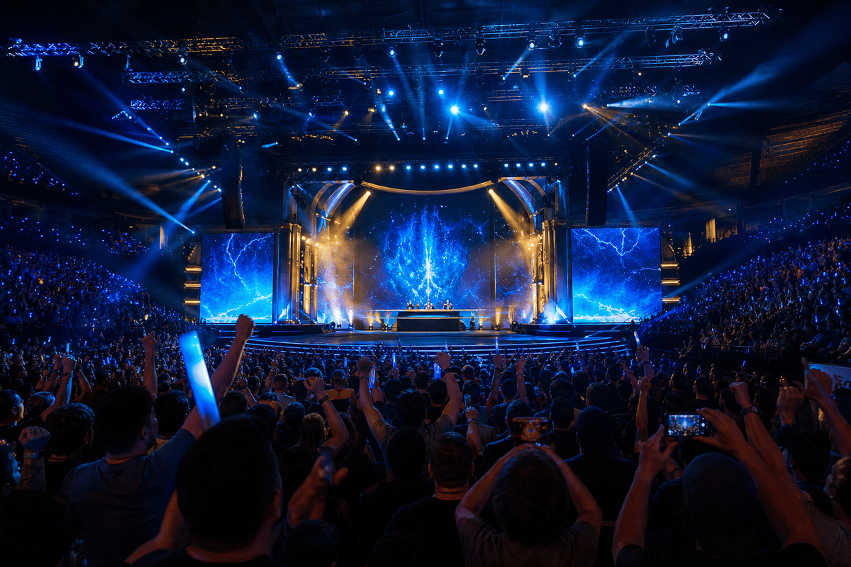 Cinematic arena stage setting to anchor the Opening Ceremony watch guide.