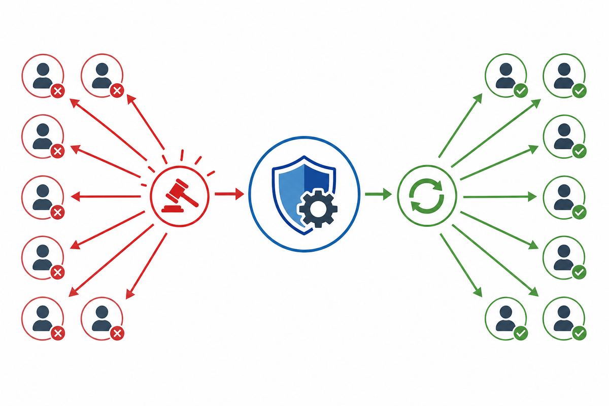 Causal flow: mass bans triggered by enforcement issue, then reversed after re-evaluation.