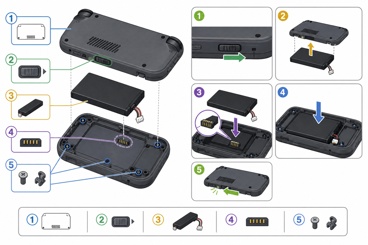 Step-by-step battery replacement workflow for a user-replaceable battery.