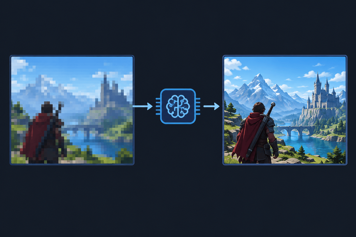 Illustration of how FSR upscaling renders at lower resolution and reconstructs a sharper image.