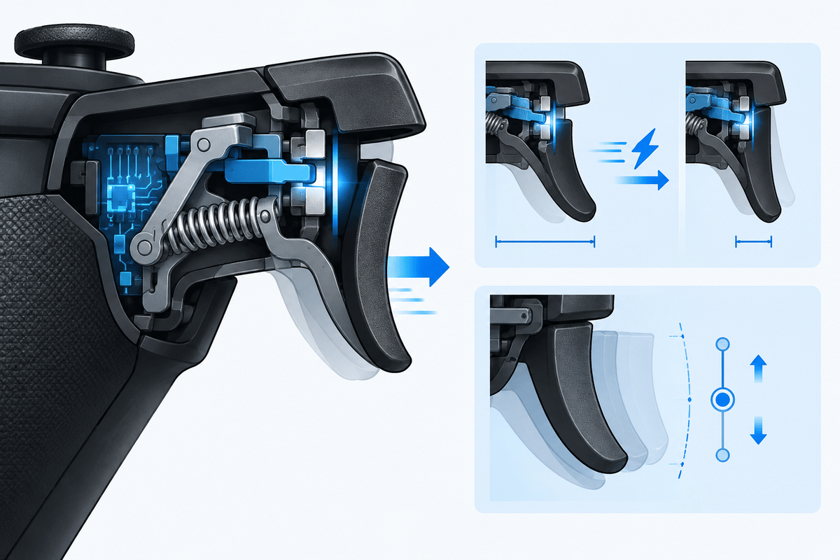 Mechanism diagram showing fast trigger response and adjustable trigger behavior.