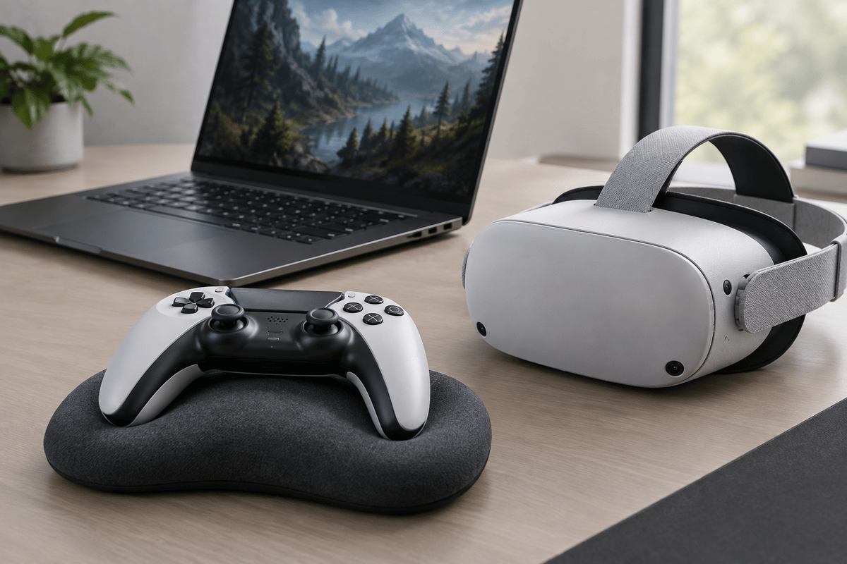 Comfort-focused gaming setup featuring controller, VR, and gaming laptop components.