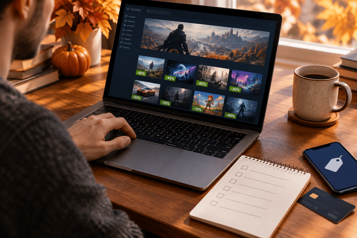 Safe-deals checklist setup for buying games during an autumn sale.