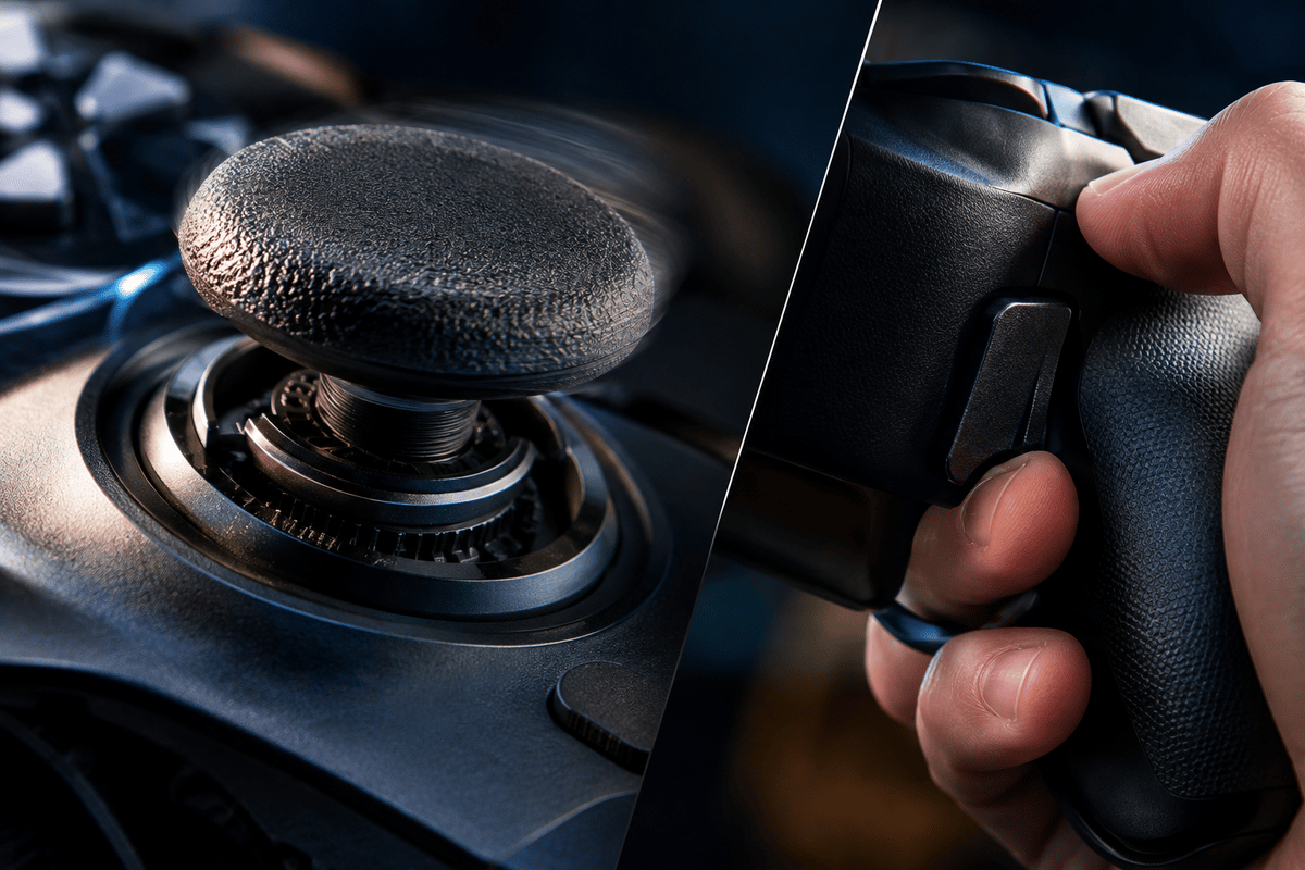 Macro detail of stick feel and back-control actuation points.