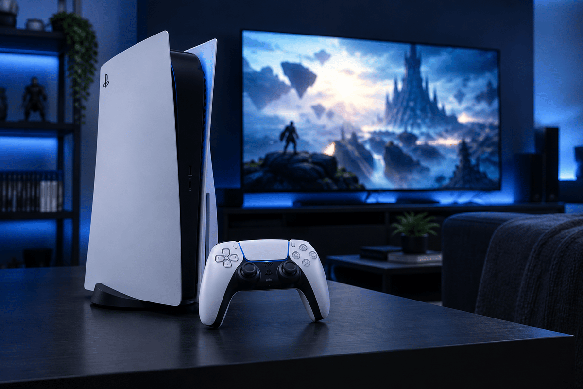 A PS5 console and DualSense controller ready for this month's PlayStation Plus games.