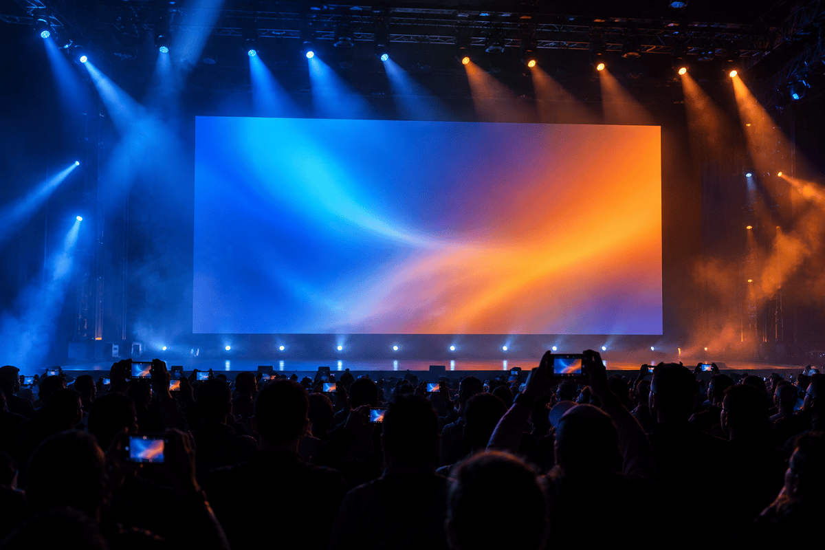 A large-screen stage presentation at a video game showcase.