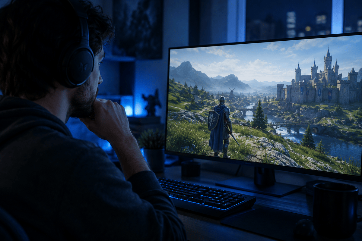 A player views a fantasy MMORPG world, reflecting on recent updates.