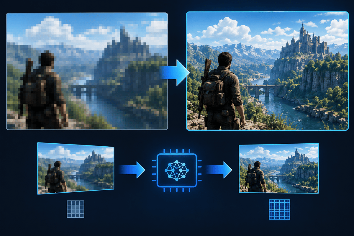 Conceptual comparison of native-resolution rendering versus AI-based upscaling output.
