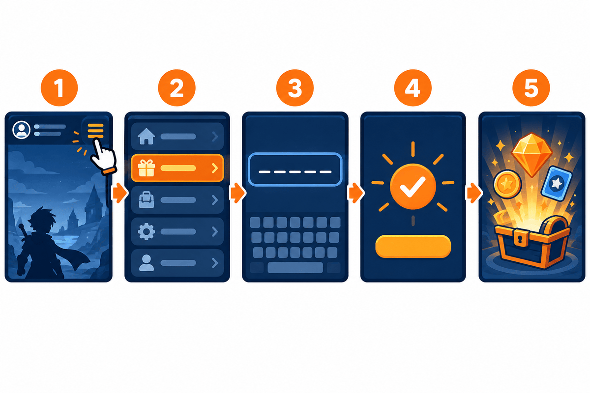 Step-by-step redemption workflow infographic (icon-only, no text).